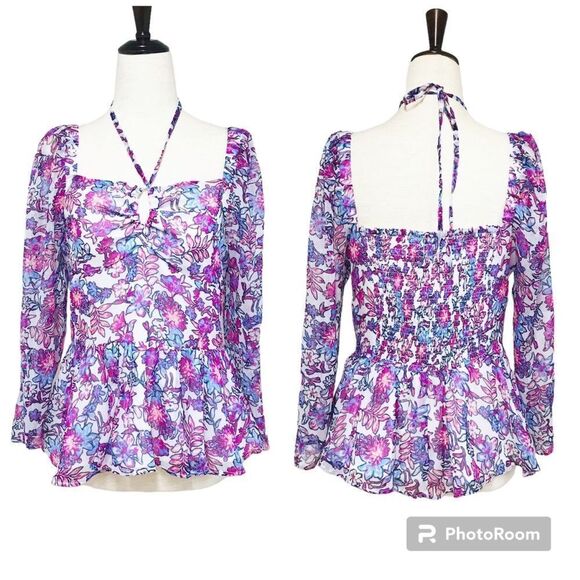FRENCH CONNECTION Floral Halter Peplum Top Smocked‎ Pink Purple Size Large New - Picture 2 of 15